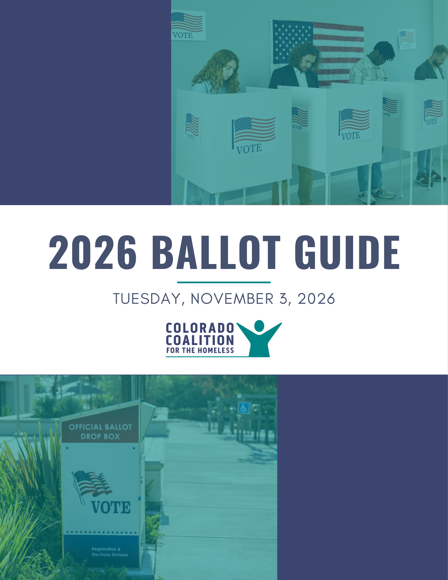 Cover page to a ballot guide with images of people voting and a ballot box.
